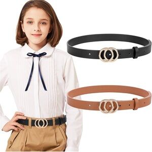 Girls 2 Pack Leather Belts, Girls Kids Skinny Leather Belt with Double O Ring